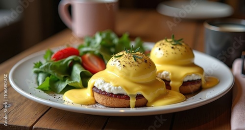 Breakfast plate with Eggs Benedict and greens photo