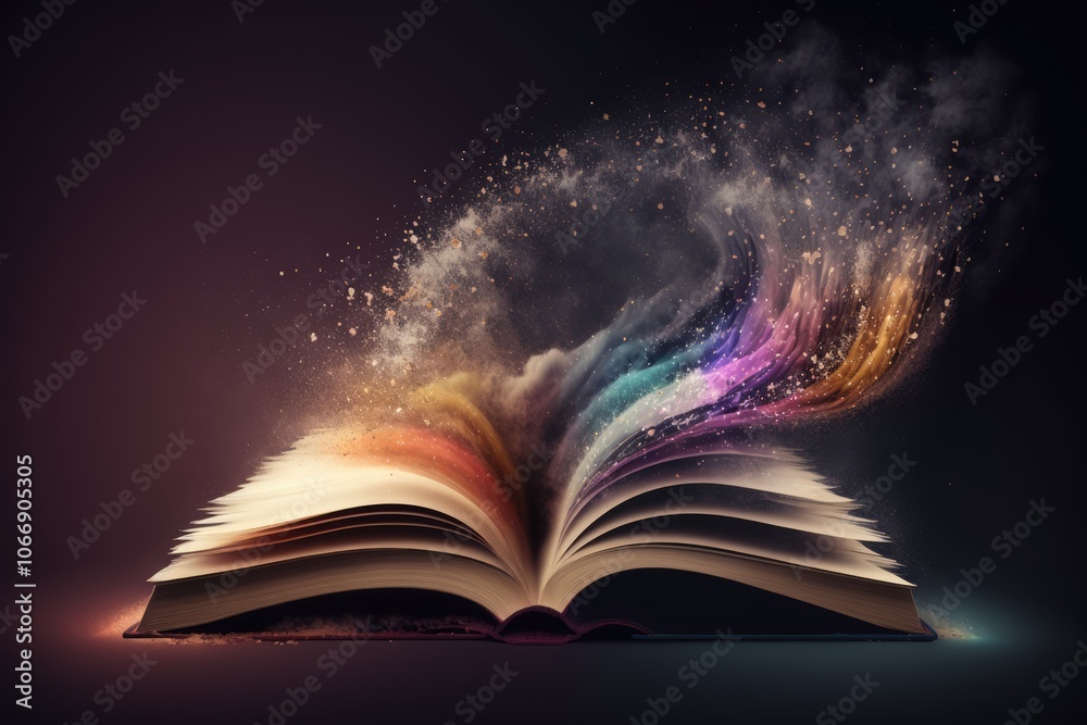 Open book with magical dust floating over it. Magical book, wisdom, fairytale Open book with magical dust floating over it. Magical book, wisdom, fairytale