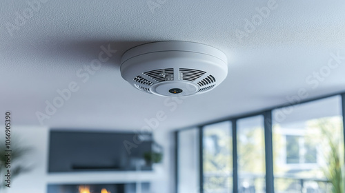 Smart home smoke detector ceiling installation, modern white fire alarm, home safety device close-up, interior with blurred background, technology for security, fire prevention photo