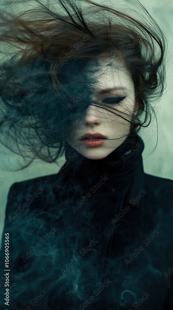 Dramatic Portrait of a Woman with Windblown Hair and Mystical Lighting Dramatic Portrait of a Woman with Windblown Hair and Mystical Lighting
