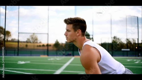 Shot of a handsome man stretching his injured leg on a football field