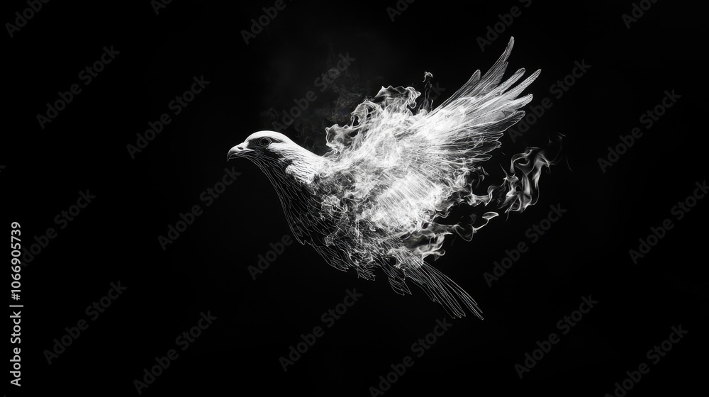 Fototapeta premium Burning bird isolated on black screen 