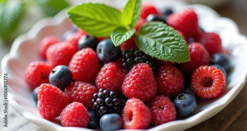 Colorful berry mix with mint leaves