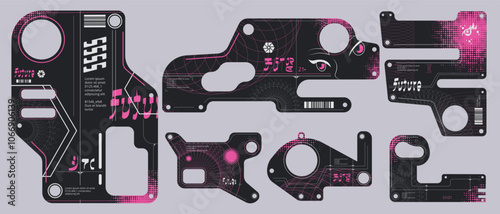 Y2k cyberpunk frames. Futuristic tech frame cyber punk japanese style, hud grunge interface abstract geometric element future technology design stickers, classy vector illustration