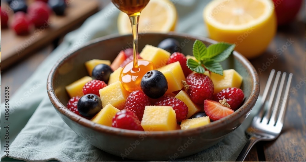 Colorful fruit salad with honey drizzle Colorful fruit salad with honey drizzle