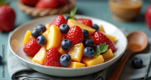 Colorful fruit salad with strawberries and mango