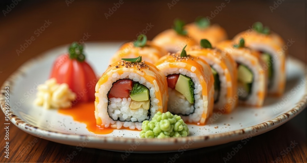Colorful sushi rolls on a plate. Colorful sushi rolls on a plate.