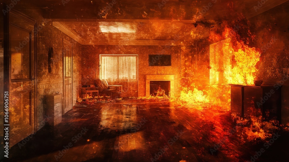 Flames erupt violently within the apartment, spreading rapidly across the walls and furniture, creating a state of chaos and destruction in the late afternoon Flames erupt violently within the apartment, spreading rapidly across the walls and furniture, creating a state of chaos and destruction in the late afternoon