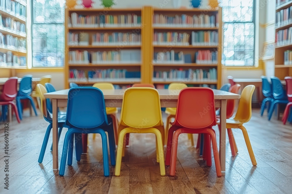 Colorful Plastic Chairs Around a Wooden Table in a Library
