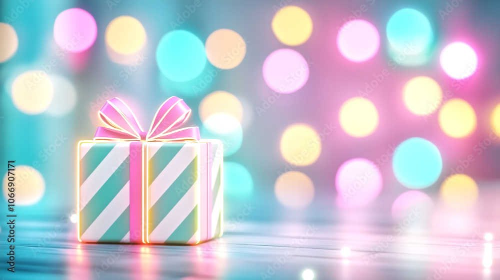 Fototapeta premium beautifully wrapped gift box with colorful ribbon sits against vibrant, blurred background of soft, glowing lights. This festive scene evokes feelings of joy and celebration