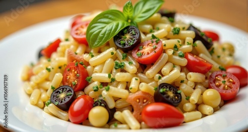 Colorful pasta salad with fresh vegetables