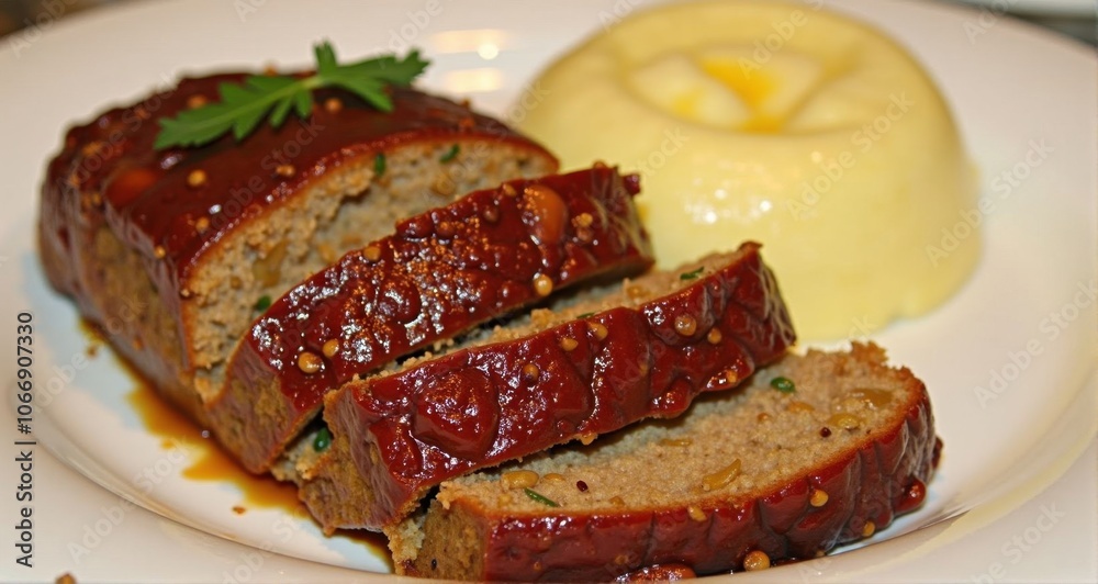 Delicious meatloaf served with mashed potatoes Delicious meatloaf served with mashed potatoes