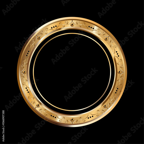 Golden frame.  Round circle of gold, inlaid with precious stones. Unusual, elegant photo frame. black isolated background