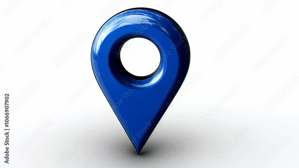 A blue, shiny location pin sits on a white background A blue, shiny location pin sits on a white background