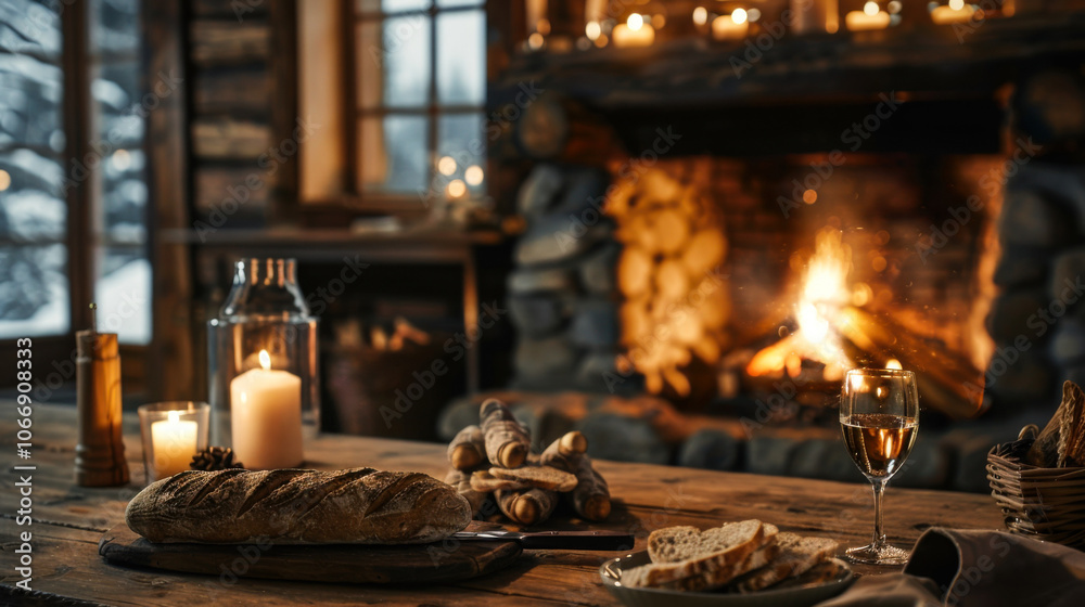 Cozy cabin with bread, candles, and wine by the fireplace Cozy cabin with bread, candles, and wine by the fireplace