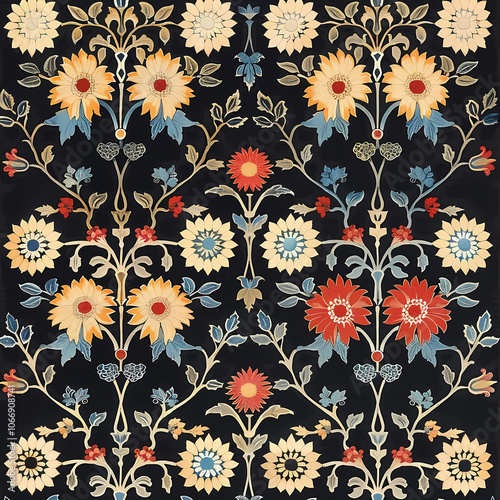 A vibrant floral pattern featuring bold yellow, red, and blue flowers on a deep black background, creating a striking visual contrast.