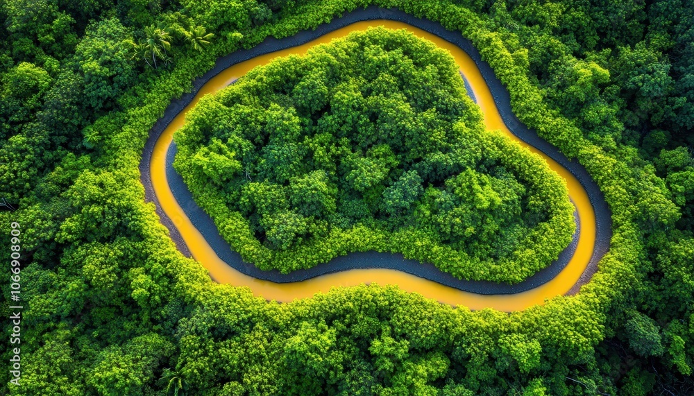 Winding river flows through vibrant green rainforest during daylight hours Winding river flows through vibrant green rainforest during daylight hours