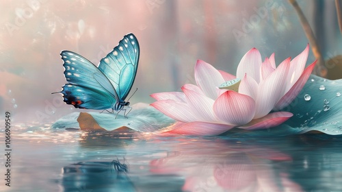 A blue butterfly perched on the lotus flower