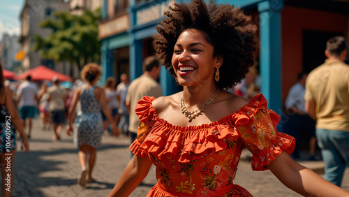 An Afro-Latino woman wearing a traditional Cuban rumba dress with layered ruffles, dancing joyfully in a lively street festival.
