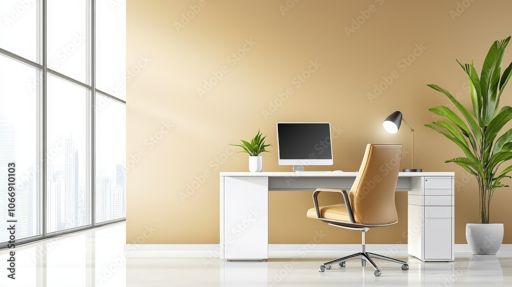 An inviting office background with a muted color palette, modern furnishings, and warm lighting, ideal for illustrating a comfortable and focused work environment.