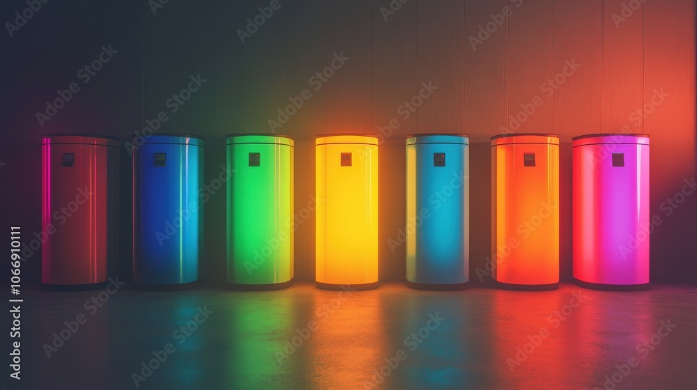A row of vibrant recycling bins stands against a backdrop, each bin clearly labeled for different materials, encouraging responsible waste disposal and eco-friendly practices A row of vibrant recycling bins stands against a backdrop, each bin clearly labeled for different materials, encouraging responsible waste disposal and eco-friendly practices