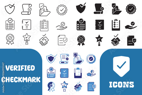 Verified checkmark guarantee icon set. Vector illustration of trust, warranty, agreement, badge,  confirms, approval mark. Certified award for successful business. Badge warranty for web and app