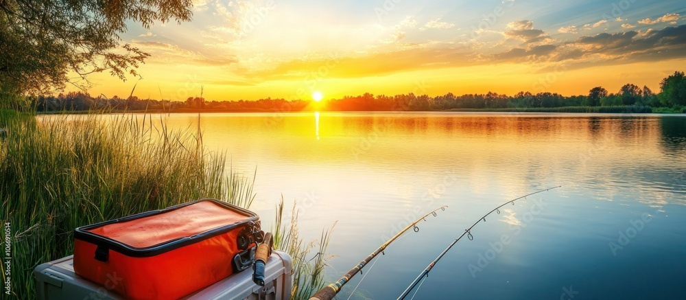 Fishing by a peaceful lake at sunrise, fishing rod and tackle box visible