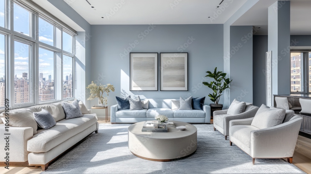 Modern Living Room with City View and Light Blue Walls Modern Living Room with City View and Light Blue Walls