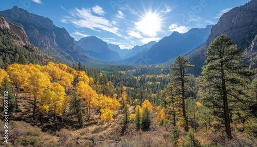 Autumn chaos in the mountainous landscape under a bright blue sky