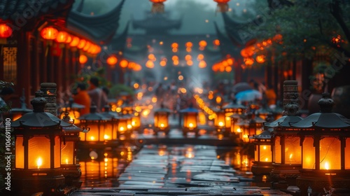 traditional lantern festival in China, surrounded by glowing lanterns and festive music.