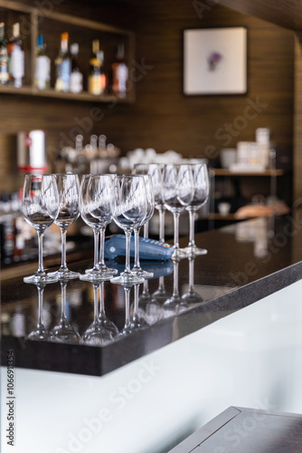 A stylish arrangement of wine glasses displayed gracefully on a bar counter in a chic