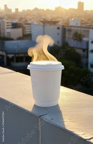 Urban eco-friendly coffee cup mockup on rooftop during sunrise, perfect for cafe branding campaigns