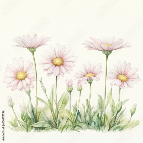 A painting of a field of pink flowers with a white background