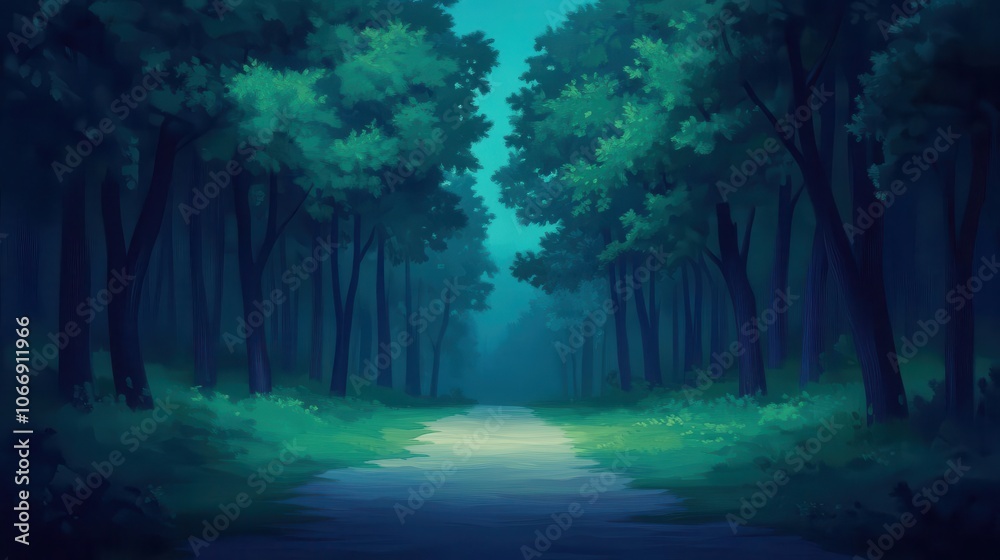Serene forest pathway bathed in twilight, surrounded by lush greenery, evoking tranquility and mystery.