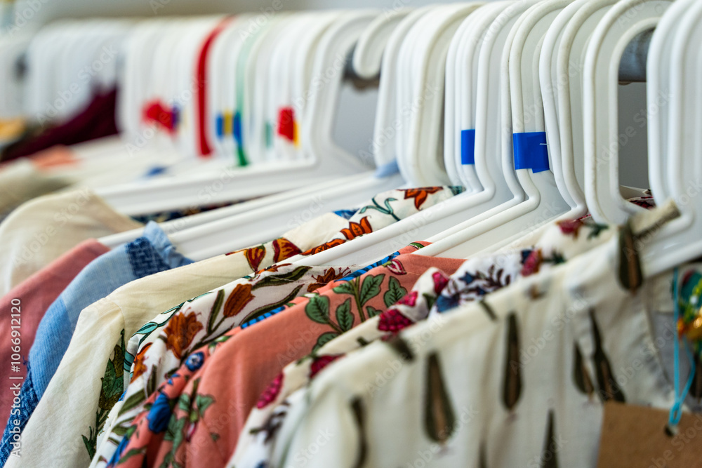Second hand clothes on hangers for reselling. Reasonable consumption. Second life for clothing. Selective focus