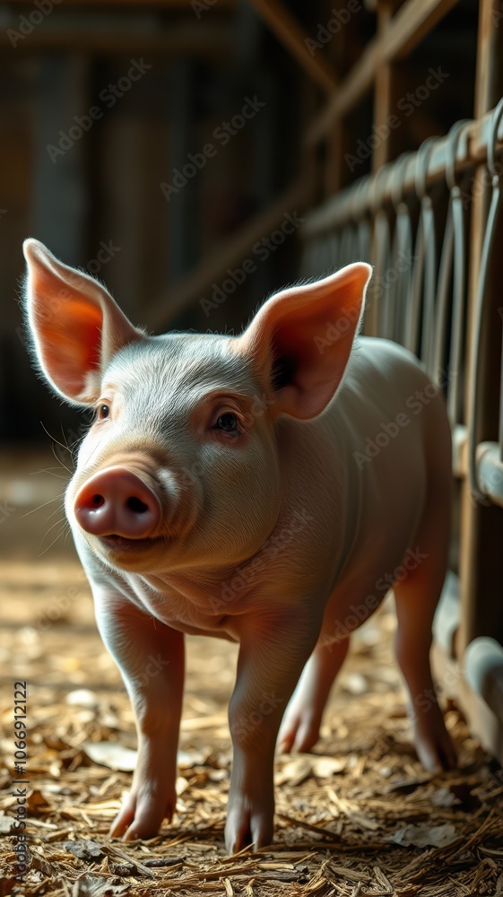 A young pig stands in a barn, looking up with its ears perked A young pig stands in a barn, looking up with its ears perked