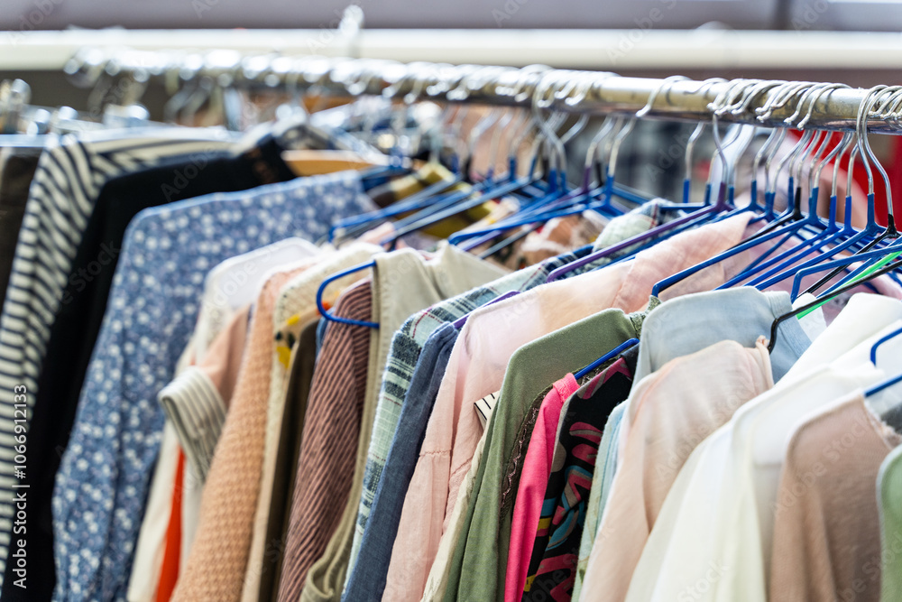 Second hand clothes on hangers for reselling. Reasonable consumption. Second life for clothing. Selective focus