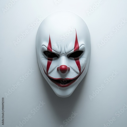 A clown mask with red and white stripes and a red nose