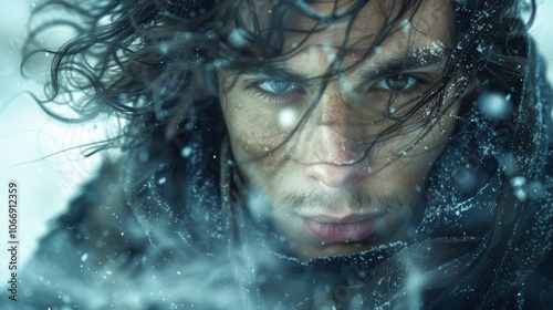 Winter season. A portrait of young man with long hair on flowing ice background, fantasy or magic concept . A whimsical winter wonderland