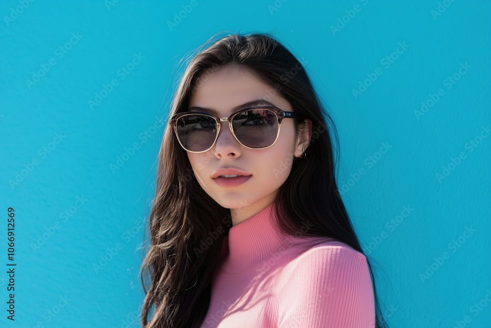 A woman wearing sunglasses and a pink shirt A woman wearing sunglasses and a pink shirt