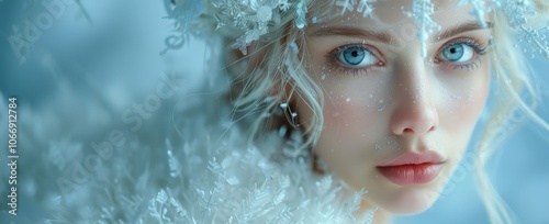 Winter season. The Enchanting Winter Court. A close-up shot of a snow queen, her icy crown and flowing gown radiating an aura of power and elegance.