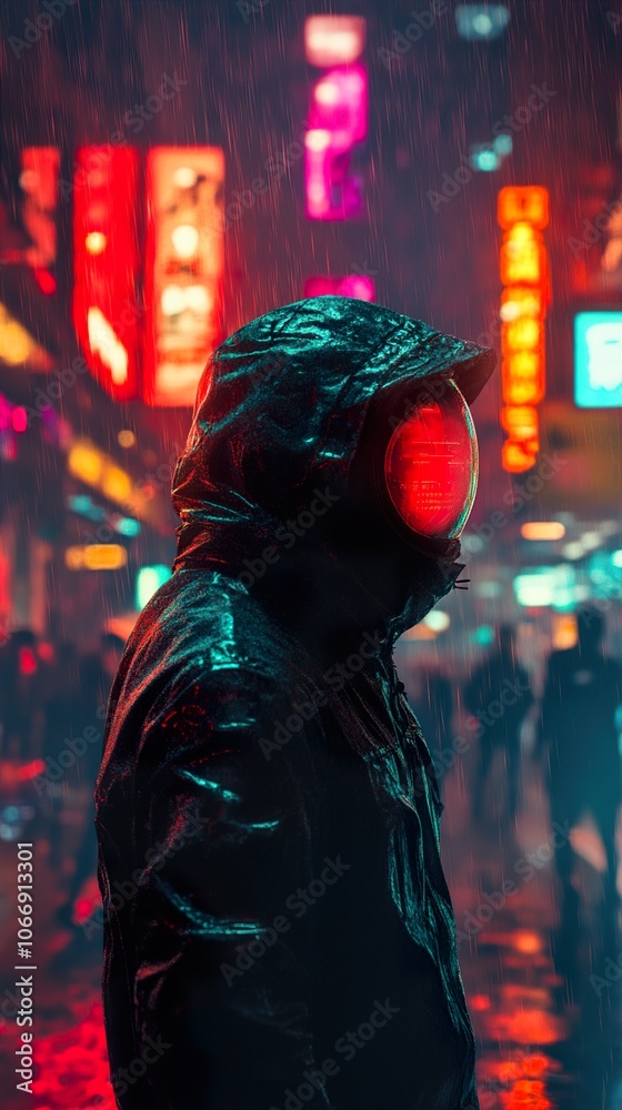Mysterious Figure in a Futuristic City Under Rain and Neon Lights Mysterious Figure in a Futuristic City Under Rain and Neon Lights