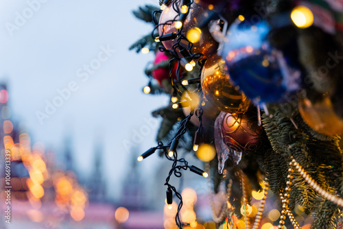 Obraz na płótnie Festively decorated Christmas setting featuring bright red ornaments and a snowy background w salonie