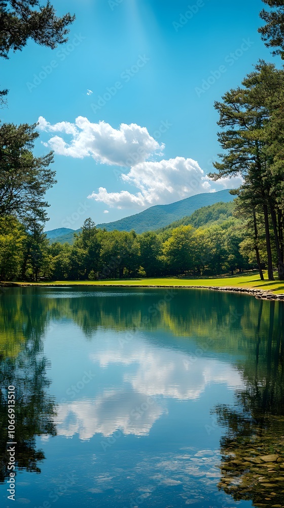 Tranquil lake scene with mountains and blue sky reflecting on the water. Tranquil lake scene with mountains and blue sky reflecting on the water.