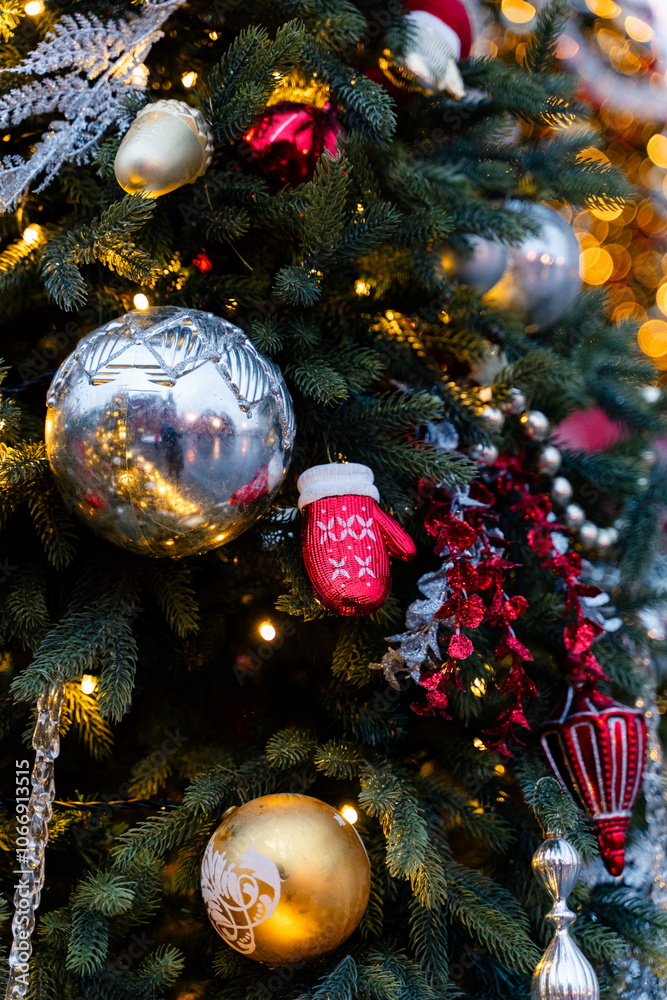 Festively decorated Christmas setting featuring bright red ornaments and a snowy background