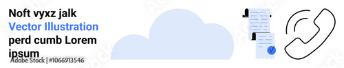 Cloud storage icon with two legal documents and telephone button. Ideal for business solutions, legal services, cloud computing, data management, customer support, office documentation, digital