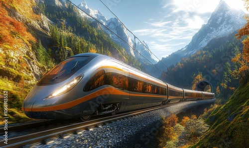 3D high-speed electric train cutting through a mountainous landscape, tunnels visible in the distance, scenic and dynamic