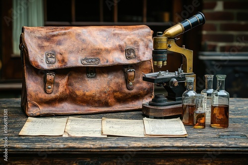 Vintage Microscope, Leather Bag, Bottles, and Papers on Wooden Table