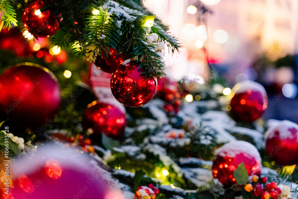 Festively decorated Christmas setting featuring bright red ornaments and a snowy background