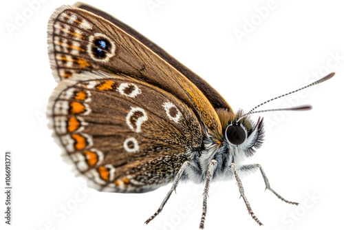 Close-up view of a butterfly showcasing detailed patterns and colors on a white background
